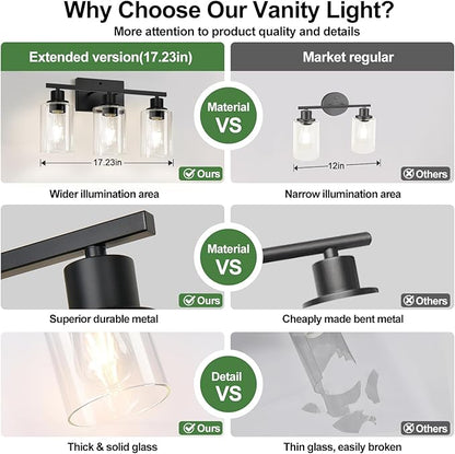 MOKATNG 3-Light Bathroom Light Fixtures, Vanity Light with Clear Glass Shades, Matte Black Bathroom Light Fixtures Over Mirror, Modern Bathroom Wall Lamp for Mirror Living Room Cabinet Bedroom