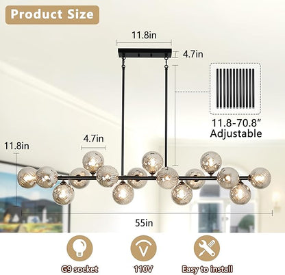55" Linear Chandeliers for Dining Room Light Fixture 16 Lights Large Sputnik Chandelier Modern Chandelier Smoke Grey Swirled Globe Farmhouse Chandelier Island Lights for Kitchen