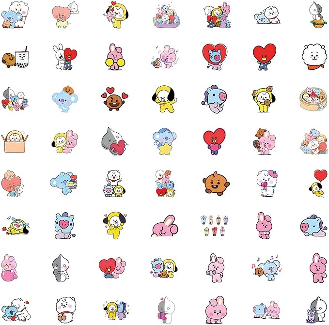 55pcs Cartoon BT21 Stickers for Water Bottle,Vinyl Waterproof BT21 Stickers for Laptop,Bumper,Skateboard,Water Bottles,Computer,Phone,Sticker for Kids Teens Adult