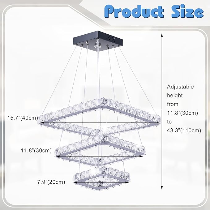Crystal Chandeliers Modern LED 3 Ring Chandelier Adjustable Ceiling Light Fixtures Pendant Lighting Stainless Steel Hanging Lights for Living Room Dining Room Bathroom Bedroom, Cold White (Square)