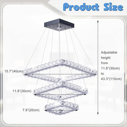 Crystal Chandeliers Modern LED 3 Ring Chandelier Adjustable Ceiling Light Fixtures Pendant Lighting Stainless Steel Hanging Lights for Living Room Dining Room Bathroom Bedroom, Cold White (Square)