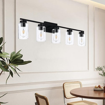 5 Light Bathroom Vanity Light Fixtures, Matte Black Modern Wall Lights with Clear Glass Shade, Vintage Wall Sconce Lighting for Living Room, Mirror, Bedroom, Hallway (Black, 5-Lights)