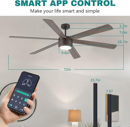 SHOWDI Ceiling Fan with Lights and Remote, 6 Blade App Control Timer Reversible Stepless Brightness and Color Temperature Outdoor Wood Ceiling Fan with Lights (Brown, 72 Inch)