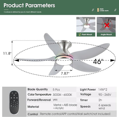 46" Ceiling Fans with Lights Remote/APP Control, Low Profile Ceiling Fans with Dimmable White Colors+Ring RGB Lights, 6 Speeds 5 Reversible Curved Blades for Kids Room Bedroom Living Room Bar, Nickel