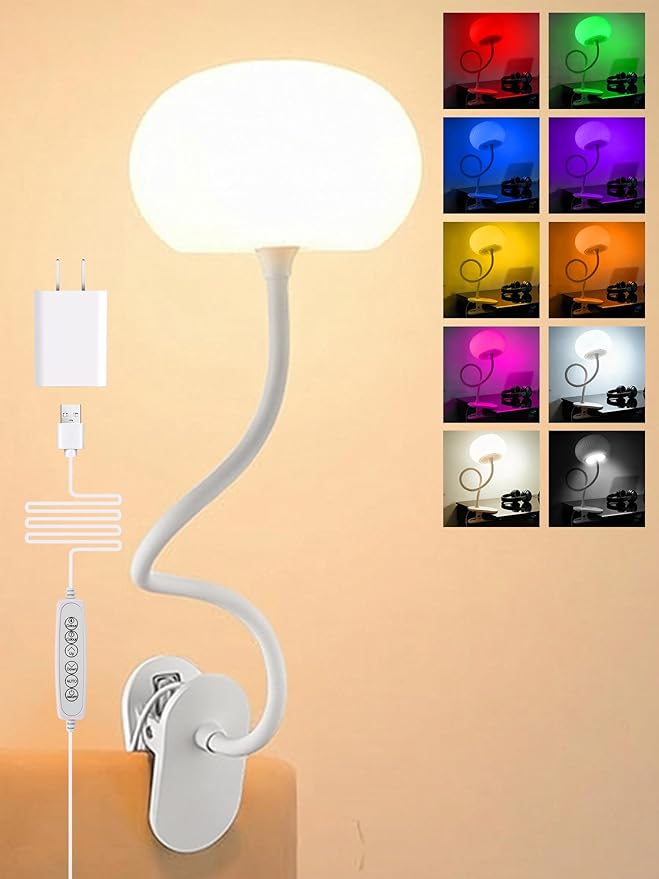 Clip on Light,10 RGB Colors+10 Brightness Clip on Lamp, College Dorm Lighting Reading Light for Bed, Desk Lamp with Clamp & USB Adapter for Headboard/Bedside/Desk/Nursery/Kids Room