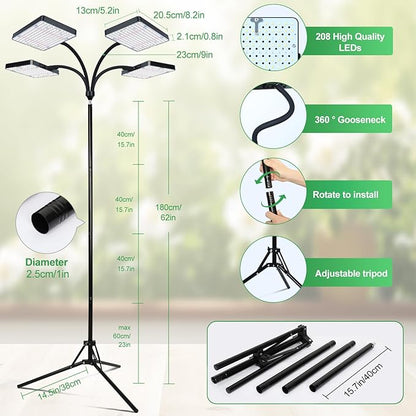 FRGROW 2026 4Head Full Spectrum Grow Light with Stand, 100 Watt Bright Grow Lights for Indoor Large Plants, Tall Bonsai Tree, Auto On/Off Daily Timer(4/8/12/16/20H), Adjustable Stand 24"-78"
