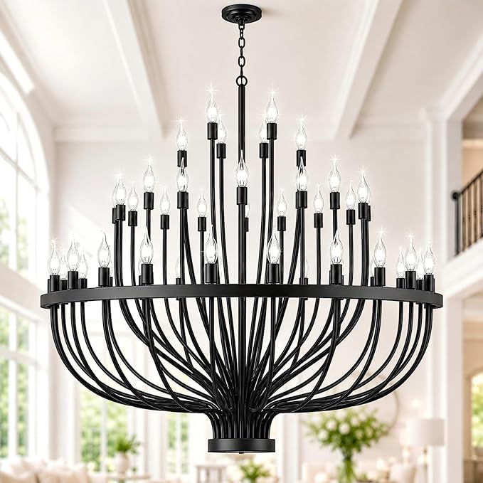 Shandaglo Large Chandelier for High Ceilings, 48-Light Black Wagon Wheel Chandelier, 47.2 Inch 3-Tier Extra Farmhouse Dining Room Light Fixture for Foyer, Living Room, Entryway