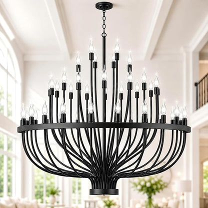 Shandaglo Large Chandelier for High Ceilings, 48-Light Black Wagon Wheel Chandelier, 47.2 Inch 3-Tier Extra Farmhouse Dining Room Light Fixture for Foyer, Living Room, Entryway