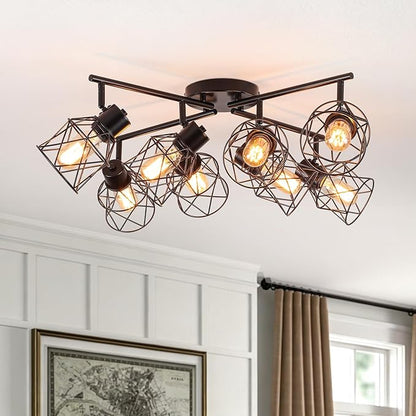 8 Lights Adjustable Multi-Directional Black Light Fixtures, Semi Flush Mount Ceiling Light, Kitchen Light Fixtures Track Lighting Fixtures with Metal Cage Industrial Spotlight Fixtures for Dining Room