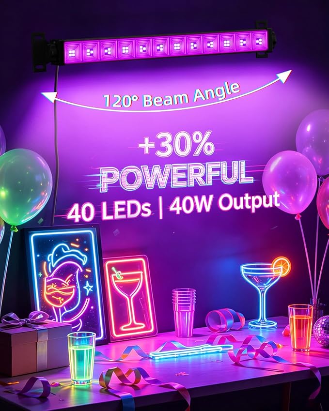 40W Black Light Bar, LED Blacklight with 6FT Cord & Switch, Black Lights for Glow Party, Halloween, Birthday, Body Paint, Bedroom, Classroom, Light Up Large Space, 6 Pack