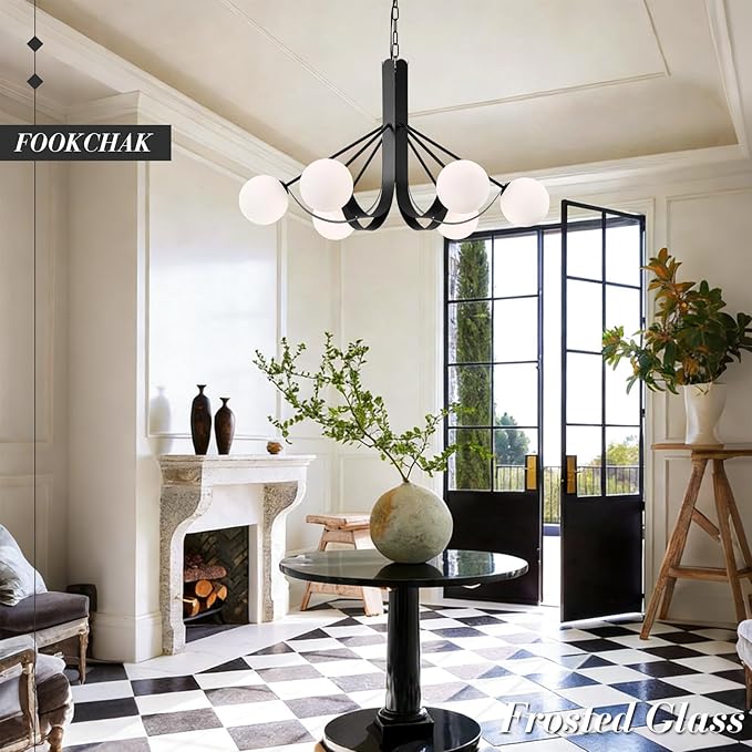 Modern Living Room Chandelier with Chain 33in Frosted Glass Kitchen Chandeliers Sputnik Black Dining Table Light Fixture 6 Light Mid-Century Chandeliers Light for Bedroom Entry Foyer