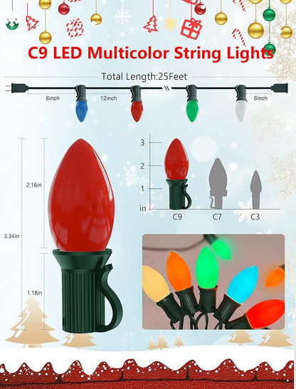 C9 LED Multicolor Christmas Lights Outdoor, 25Ft C9 Vintage Christmas Lights Waterproof with 26 LED Colorful Bulbs, Outdoor Christmas Decorations String Lights for Patio Garden Roofline Holiday Party