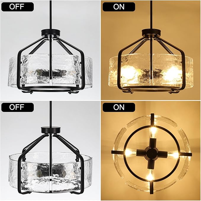 Luupyia 17.7 Inches Glass Drum Chandelier Black, 4Lights Modern Glass Chandelier, Height Adjustable Drum Chandeliers Crystal Pendant Light Dining Room Kitchen Entryway Chandeliers for Foyer