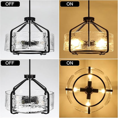 Luupyia 17.7 Inches Glass Drum Chandelier Black, 4Lights Modern Glass Chandelier, Height Adjustable Drum Chandeliers Crystal Pendant Light Dining Room Kitchen Entryway Chandeliers for Foyer