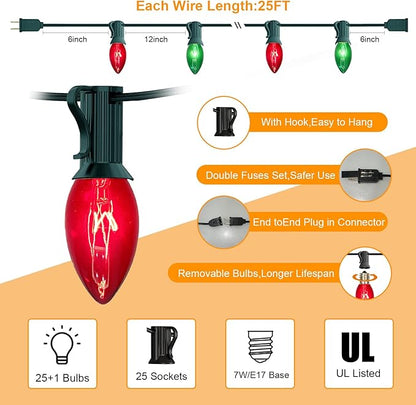 C9 Vintage Christmas String Lights, 25Ft Red & Green with 26 C9 Bulbs, Outdoor Hanging Patio Lights for Christmas Tree, Path, Roofline, Wedding Party Decoration