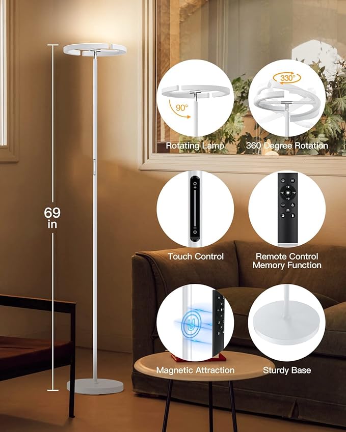 SIBRILLE White Floor Lamp, Modern Stepless Dimmable Standing Lamp 3000-6000K, 20W LED Rotatable Reading Tall Lamp, Touch & Remote Control Uplighter Floor Lamps for Living Room Bedroom Office