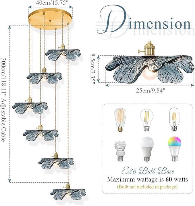 Foyer Chandelier for High Ceilings long Blue Floral pendant light Mid Century Glass Hanging Ceiling light Brushed Gold Flush Mount Ceiling Chandeliers for Staircase Entryway Living, Adjustable Height
