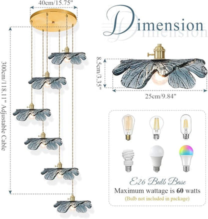 Foyer Chandelier for High Ceilings long Blue Floral pendant light Mid Century Glass Hanging Ceiling light Brushed Gold Flush Mount Ceiling Chandeliers for Staircase Entryway Living, Adjustable Height