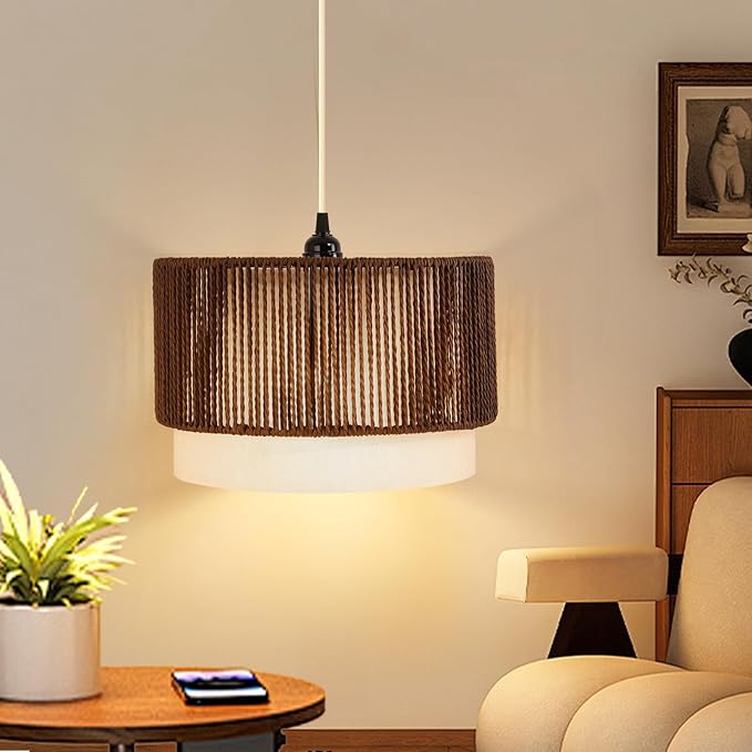Plug in Pendant Light, Hanging Lamp with Woven Shade, Ceiling Light Fixture with On/Off Switch and 15FT Cord, Farmhouse Hanging Lighting for Living Room, Bedroom, Dining Room