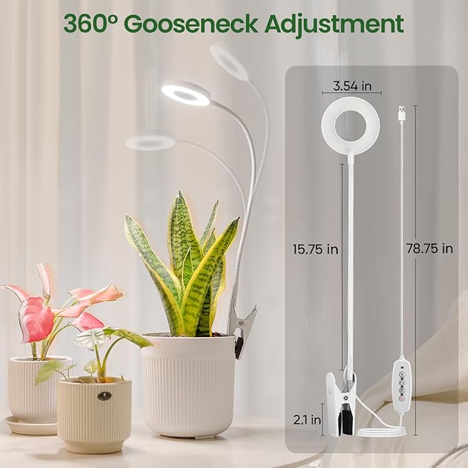 LORDEM Grow Lights for Indoor Plants, 2 in 1 Full Spectrum Plant Light with 360° Gooseneck, 48 LEDs, Auto Timer 6/8/12/16H, 3 Lighting Modes,5 Brightness Levels for Small Plants, 1 Pack White