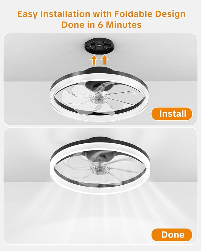 Ceiling Fans with Lights and Remote Low Profile Flush Mount LED Ceiling Fan with Lights 3000K-6500K Dimmable Foldable Fandelier Light 6 Wind Speeds Night Light for Bedroom Living Room Black