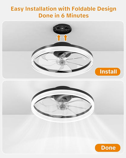 Ceiling Fans with Lights and Remote Low Profile Flush Mount LED Ceiling Fan with Lights 3000K-6500K Dimmable Foldable Fandelier Light 6 Wind Speeds Night Light for Bedroom Living Room Black
