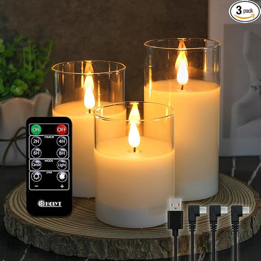 Rechargeable Flameless Glass Pillar Candles–Gifts for Women,–Set of 3, Realistic Flickering LED Light,Remote & Timer, Ideal for Living Room, Bedroom & Festival Wedding Home Party Decor
