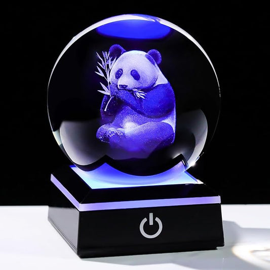 Arikyrist 3D Panda Figurine Crystal Ball with Colorful Light Base, Panda Gifts for Women Men on Christmas Birthday, 3D Laser Engraved Pandas Full Sphere Glass Decorative Ball for Home Office (80mm)
