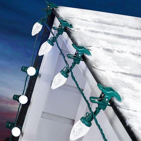 2PACK C9 LED Christmas Lights with 100 Spring Clips, Total 100ft 100 LED Waterproof Strawberry String Lights, Commercial Grade Extendable Perfect for Roofline Patio House Xmas Decor, Pure White