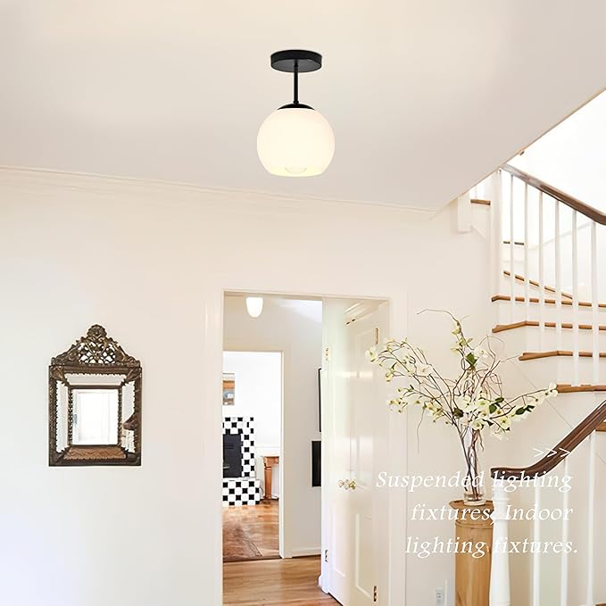 Bagood Black Semi Flush Mount Ceiling Light Fixture Milk Glass Light Fixture Mid Century Flush Mount Ceiling Light Black Flush Mount Ceiling Light Schoolhouse Light Fixture for Dining Room(Bulb Incl.)
