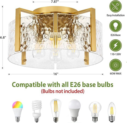 16'' Modern Gold Semi Flush Mount Ceiling Light, 4-Light Glass Drum Light Fixtures, Ceiling Lights for Hallway Entryway Bedroom Kitchen Canteen Bedroom Laundry Room Lighting Fixture Bulbs not Included