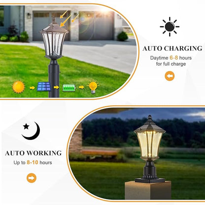 2 Pack Solar Post Lights with Pier Mount Base with Dusk to Dawn Sensor, Outdoor Pillar Lights with Toggle Switch Control, Waterproof Exterior Pole Lamps Head for Driveway, Patio, Garden, Black