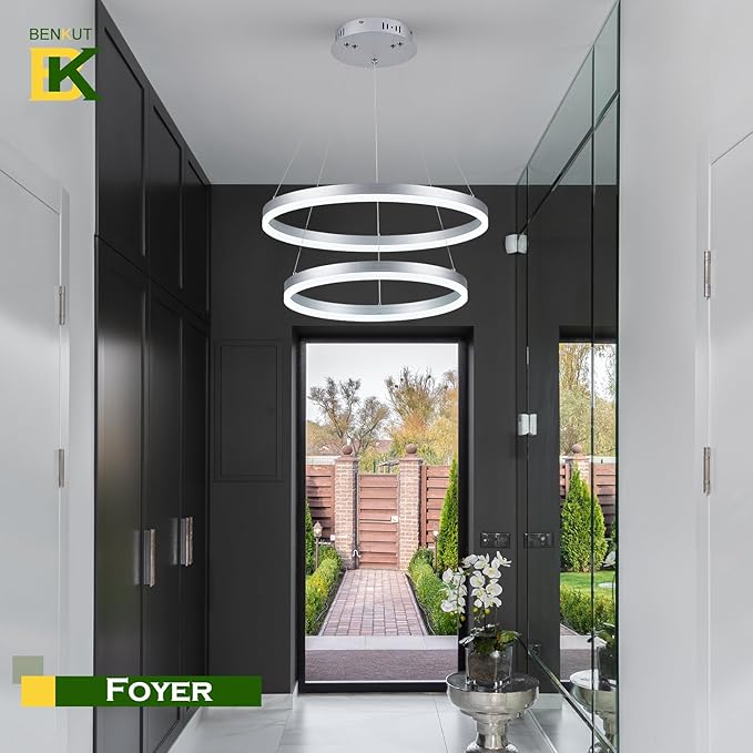 Benkut 2-Rings Modern LED Chandelier Silver for Dining Room, Circular Flush Mount Ceiling Chandelier Light Dimmable Pendant Light with Remote Control for Living Room Entrance Foyer, 3000K-6500K