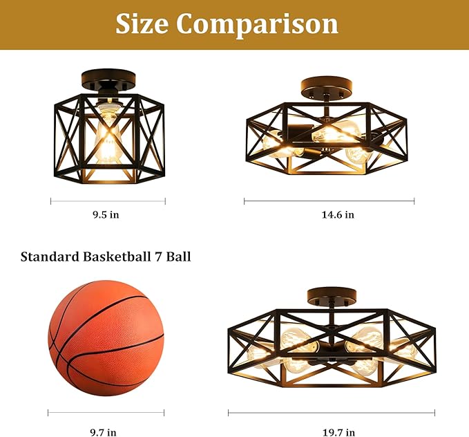 Modern Farmhouse Semi Flush Mount Ceiling Light,Industrial Black Ceiling Lighting Fixture,Hexagonal Close to Ceiling Lights for Kitchen, Hallway, Entryway, Bedroom,Foyer,Laundry Room,9.5 Inch