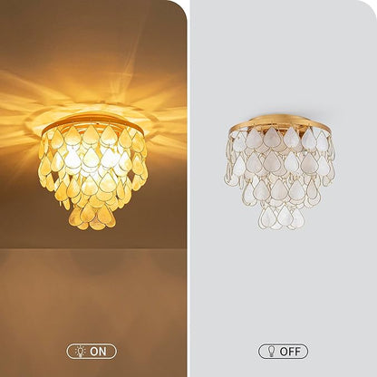 3-Light Teardrop Capiz Shell Ceiling Light, Coastal Design Flushmount Close to Ceiling Light for Kitchen, Dining Room & Bedroom, D11 * H11 inch, Gold Finish