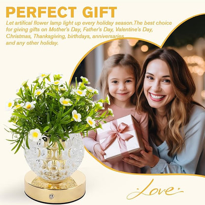 Flower Table Lamp, 3-Color Touch Dimming Heronsbill Glass Night Light, Rechargeable Artificial Flower Light, Desktop Ambient Light Romantic Gifts for Girls Women Mom (White-Heronsbill)