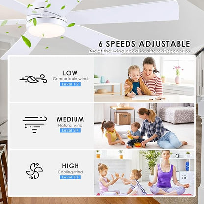 Asyko 46" White Low Profile Ceiling Fan with Light and Remote,Modern Flush Mount Ceiling Fans for Bedroom, Living Room, 6 Speeds, Dimmable, Timer, Quiet Reversible