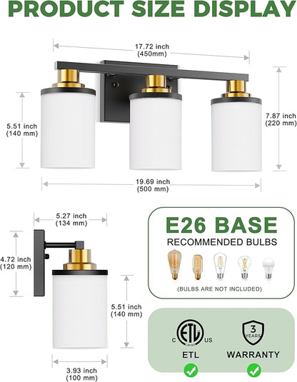 DORESshop Black and Gold Vanity Light, 3-Light Bathroom Light Fixture Over Mirror with Milk Glass Shade, Modern Vanity Lighting for Living Room Bedroom, ETL Listed