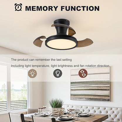 28 Inch Retractable Ceiling Fan with Light Remote Dimmable 6 Speed Reversible Small Light Ceiling Fixtures Modern Bladeless Silent Smart Fan for Bedroom Living Room Kitchen
