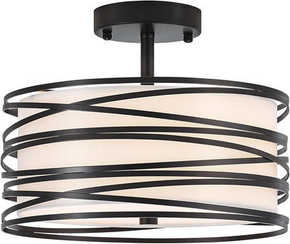 Drum Semi Flush Mount Ceiling Light Fixture, Black Matal & Linen Fabric Shade Ceiling Light, Modern Farmhouse Close to Ceiling Light for Bedroom, Hallway, Entryway, Dining Room, Laundry Room
