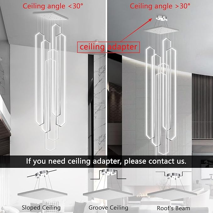6 Rings Large Chandelier for Staircase Modern High Ceiling Chandelier LED Dimmable Chandeliers for Foyer Staircase Foyer Enterway Living Room Villa Silver
