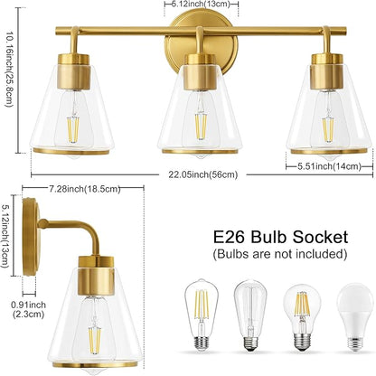 Gold Vanity Light - Bathroom Light Fixtures Over Mirror, 3 Lights Fixture, Clear Glass Shade, 22 inch Modern Wall Sconce for Bathroom, Bedroom