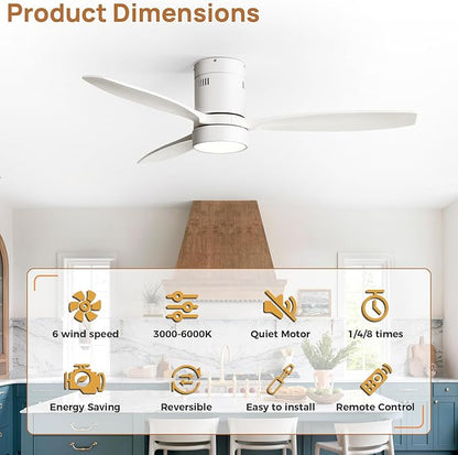Sofucor 52 Inch Ceiling Fans with Lights and Remote, Modern Wood Low Profile Flush Mount Quiet White Ceiling Fan for Bedroom, Reversible DC Moto for Living Room/Farmhouse/Patio/Indoor/Outdoor