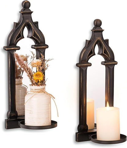 Candle Sconces Farmhouse Wall Decor - Black Gothic Dark Mirror Wall Candle Holder for Halloween Art Decorations - Wood Rustic Candles Sconce Set of 2 for Livingroom Fireplace