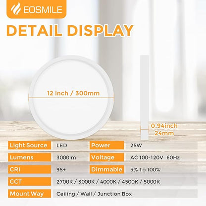 2Pack 12 Inch LED Flush Mount Ceiling Light, 25W, 3000LM, CRI 95+, 2700K-5000K 5CCT & Dimmable, White Round Surface Flat Panel Light for Hallway, Kitchen, Bedroom, Laundry Room