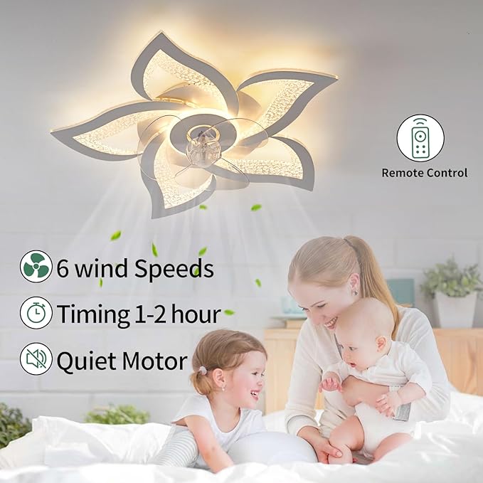 Yfrest Ceiling Fan with Lights Remote Control, White Personalized Ceiling Fan with Light, 6 Speeds 3 Light Color Flush Mount Ceiling Fan for Kitchen Bedroom