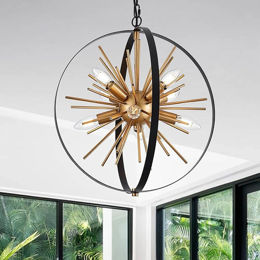 17.7" Black Gold Globe Sputnik Chandelier, 8-light Mid Century Modern Industrial Starburst Golden Satellite Pendant Light Fixture for Entryway Stairway Kitchen Dining Living Room Hallway, E12