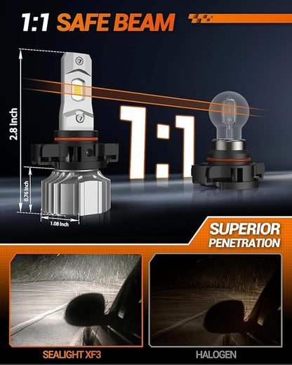 SEALIGHT 5202 LED Fog Light Bulbs or DRL, 18000LM 800% Brightness 5202 5201 PS19W PS24W Fog Lights LED Bulb for Car, 6500K Cool White 984 FT Strong Penetration, 60000 Hours Lifespan, Pack of 2
