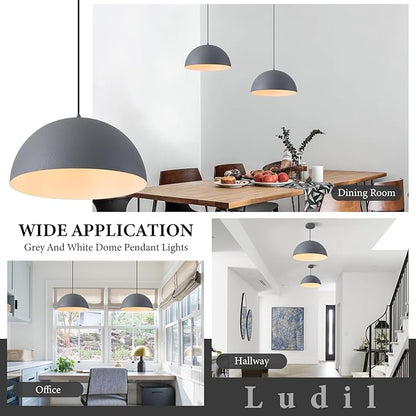 Industrial Pendant Lights Kitchen Island, 16 Inch Grey and White Metal Dome Pendant Light Fixtures, Farmhouse Hanging Light Fixture for Dining Room Restaurant Foyer Cafe, 2 Pack