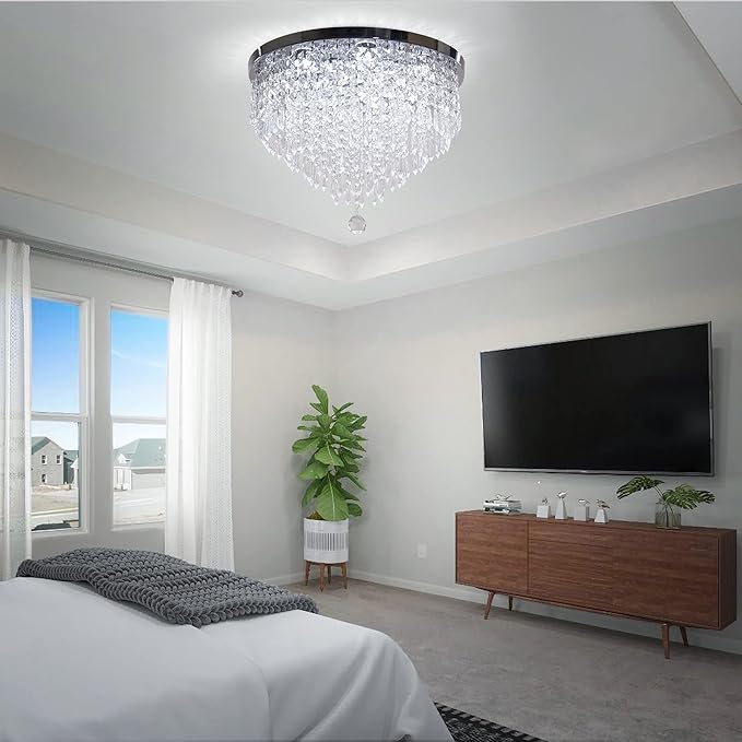 19.7" Modern Crystal Chandeliers LED 5 Tier Crystal Ceiling Light Fixture Flush Mount Round Ceiling Chandeliers for Dining Room Bedroom, 6500 K Cool White